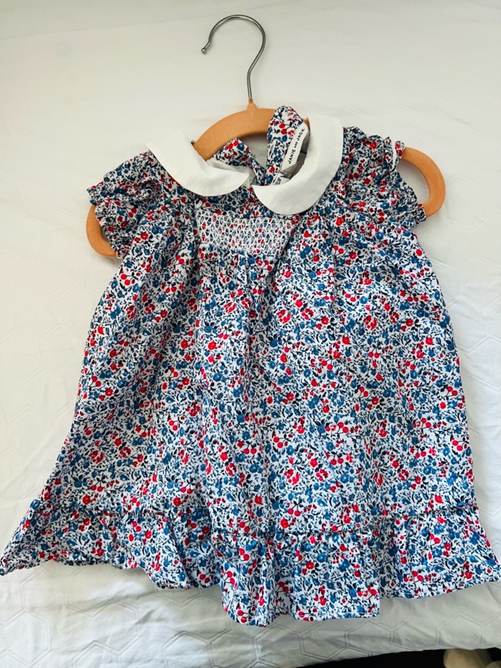 Janie and Jack Blue Floral Smocked Dress with White Peter Pan Collar